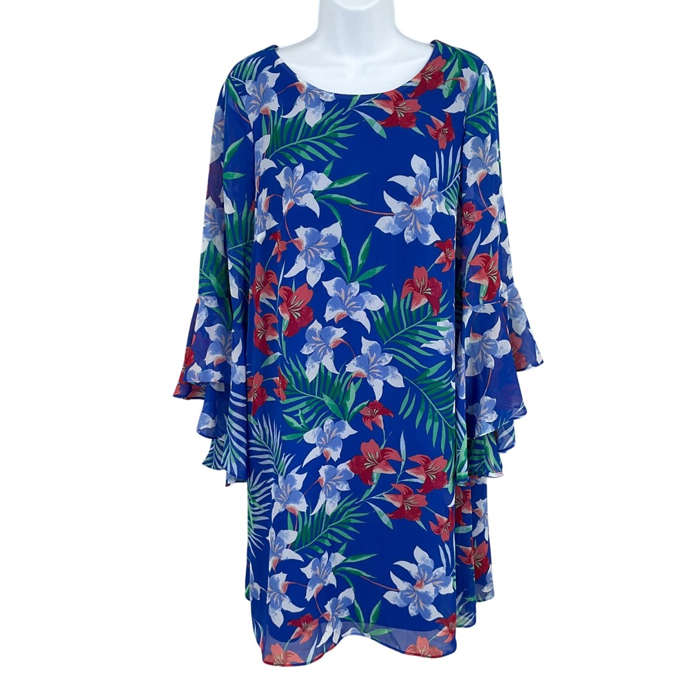 INC International Concepts Shift Dress Womens 10 Blue Floral Chiffon Bell Sleeve